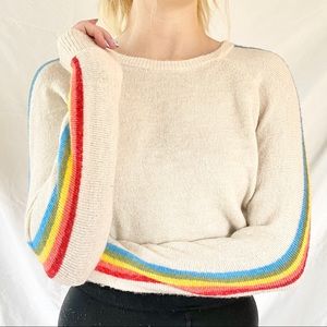 White Sweater with Rainbow Sleeves
